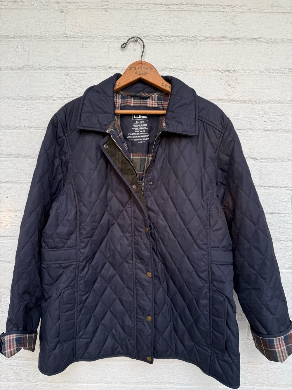 Women's L.L. Bean Bean's Cozy Quilted Barn Jacket Navy Tartan plaid liner XL
